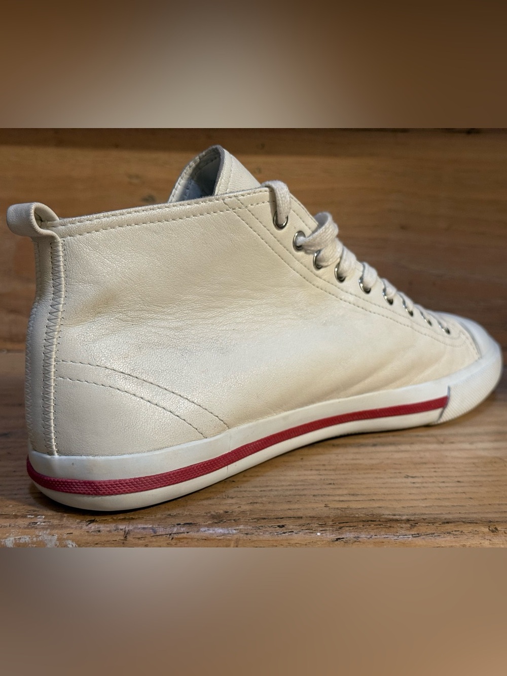 Prada Men’s Linea Rossa Red Tab Leather Mid-top Sneakers (Off-white, 10US) - Picture 4 of 15
